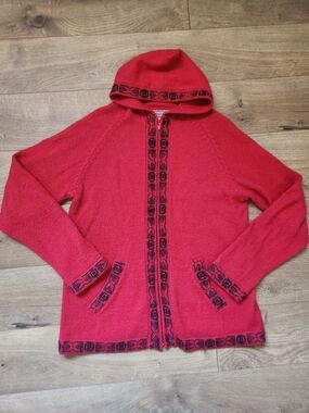 Alpaca Imports Wool Red Black Full Zip Hooded Knit Cardigan Large Made In Peru